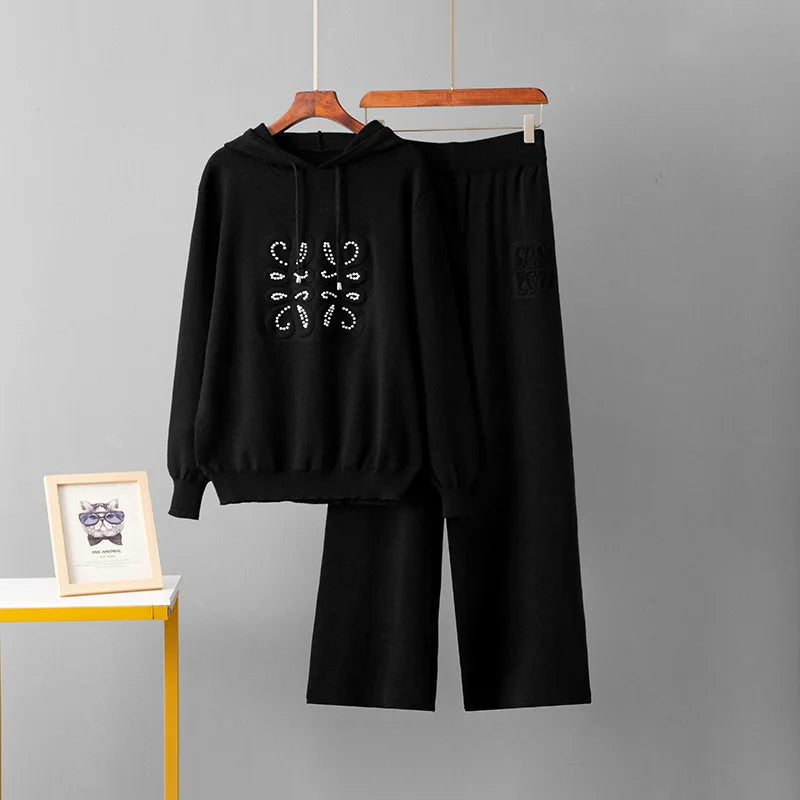 LISM winter two piece set tracksuit Knitted set, nail bead casual two-piece hooded woolen top+slim fit wide leg pants for women