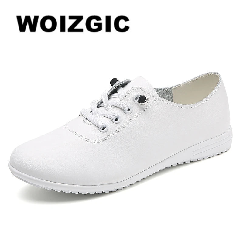 WOIZGIC Female Ladies Women's Genuine Leather Flats Shoes Loafers Soft Moccasins Lace Up Comfortable