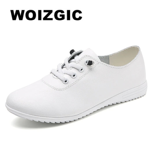 WOIZGIC Female Ladies Women's Genuine Leather Flats Shoes Loafers Soft Moccasins Lace Up Comfortable