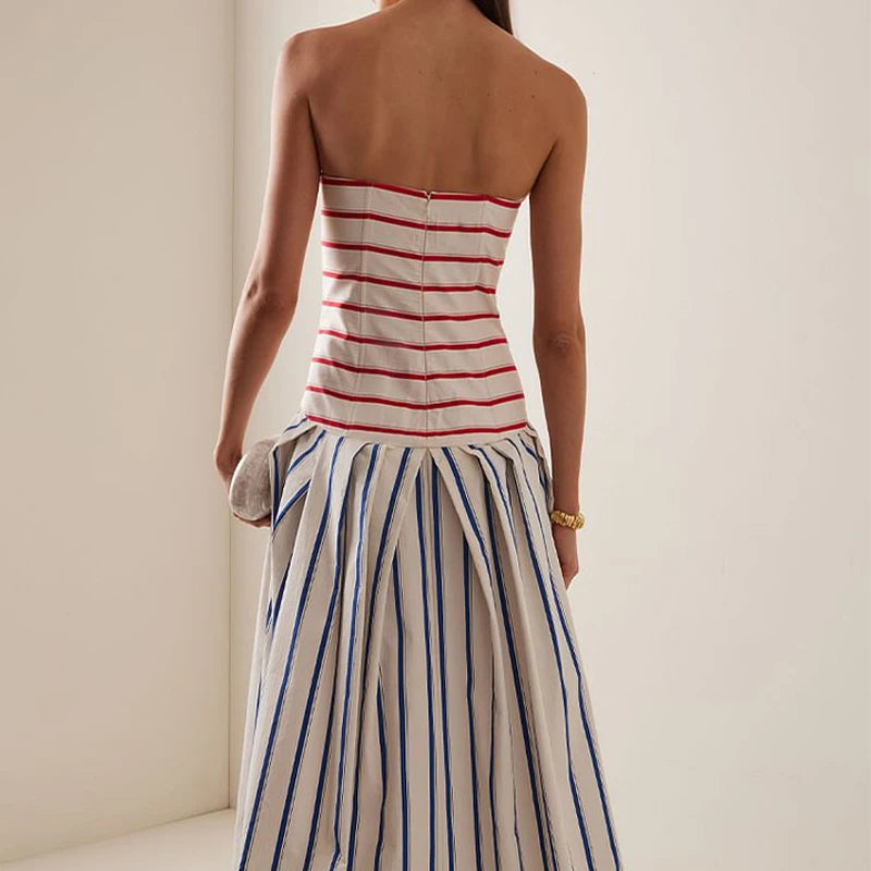 Flaxmaker Fashion Womens Dresses Casual Women Striped Print Sling Maxi Dress Round Neck Sleeveless Long Dress Vestidos Dresses