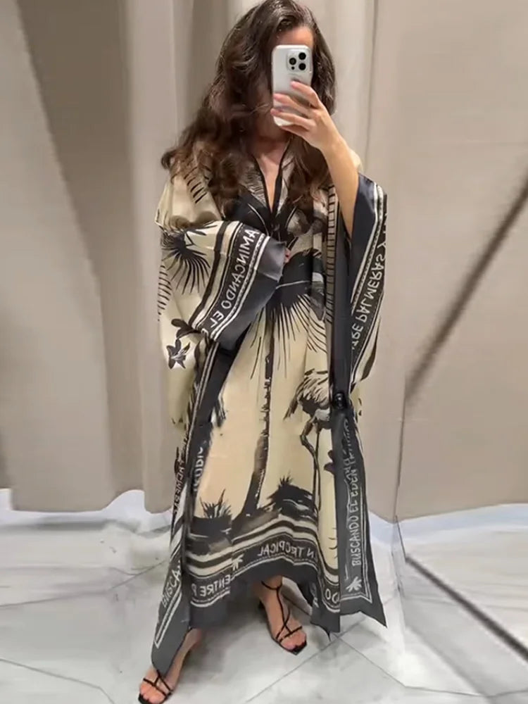 Vacation Coconut Tree Floral Print Caftan Maxi Dress For Women Oversize Long Puff V-neck Beach Dresses Lady Bohemia Party Robes