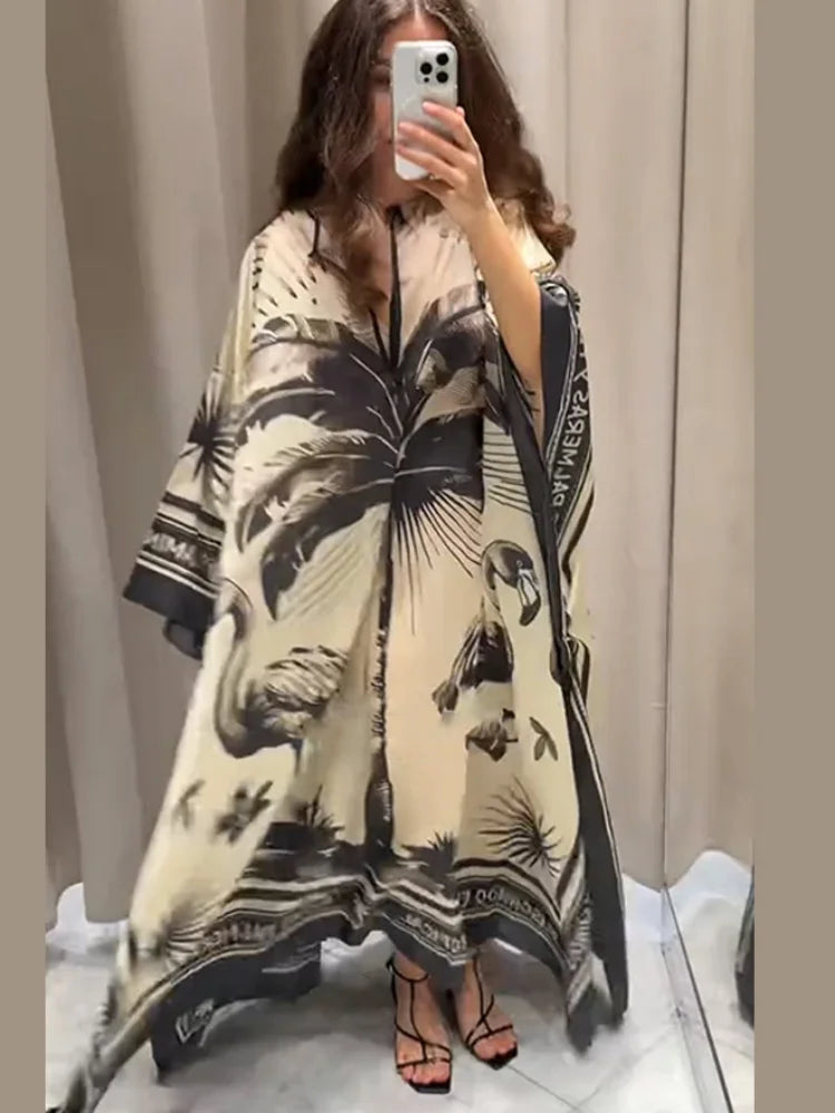 Vacation Coconut Tree Floral Print Caftan Maxi Dress For Women Oversize Long Puff V-neck Beach Dresses Lady Bohemia Party Robes