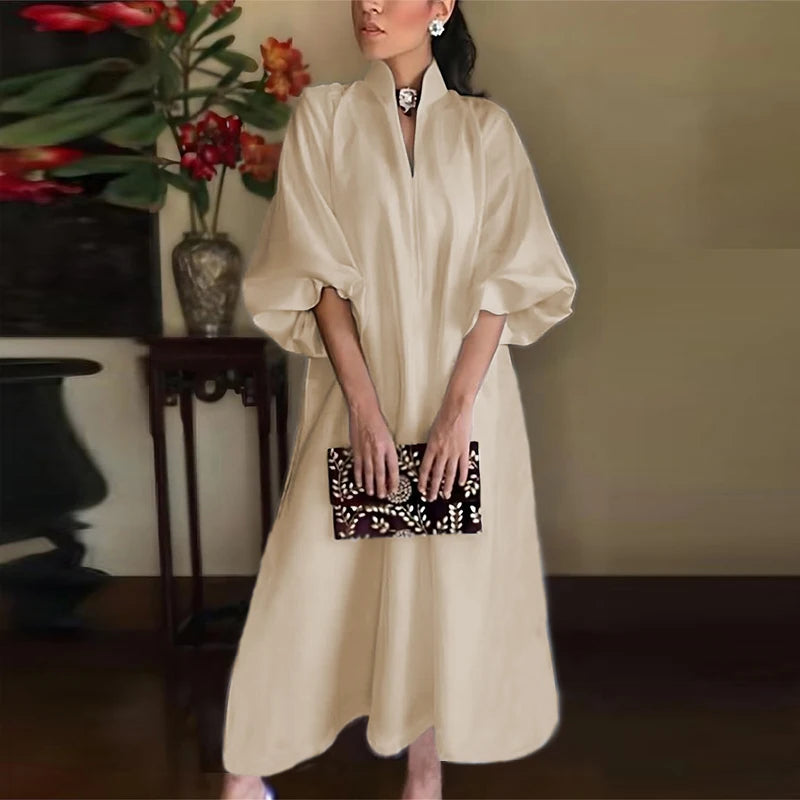 Cotton Linen Fashion Maxi Dress For Women Casual V Neck Long Sleeve White Party Dress Women Casual Half Sleeve Loose Long Dress