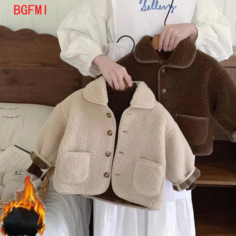 High-quality Boys Velvet Thick Wool Single Breasted Coat 2025 Autumn/Winter New Warm Lamb Wool Top Baby Winter Girls Collar Coat