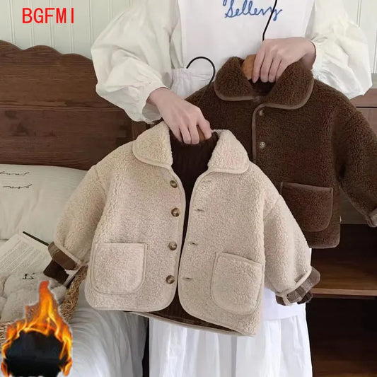 High-quality Boys Velvet Thick Wool Single Breasted Coat 2025 Autumn/Winter New Warm Lamb Wool Top Baby Winter Girls Collar Coat