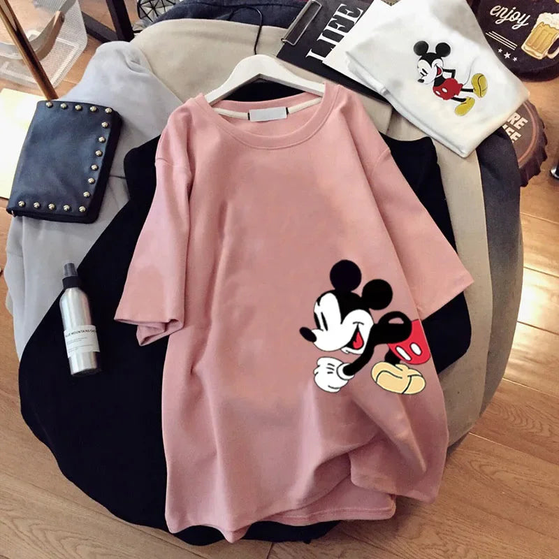Disney Mickey Mouse T-shirt Summer Cartoon Mid-length Short-sleeved T-shirt Women's New Mickey Loose Large Size Half-sleeve Top