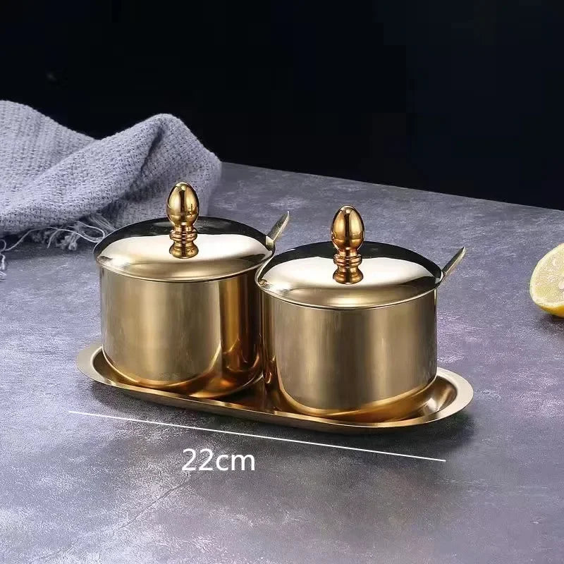 gold golden 304 Seasoning box bottle glass cap with spoon flavoring tank sauce bottle spice jar salt storage box soy sauce dish