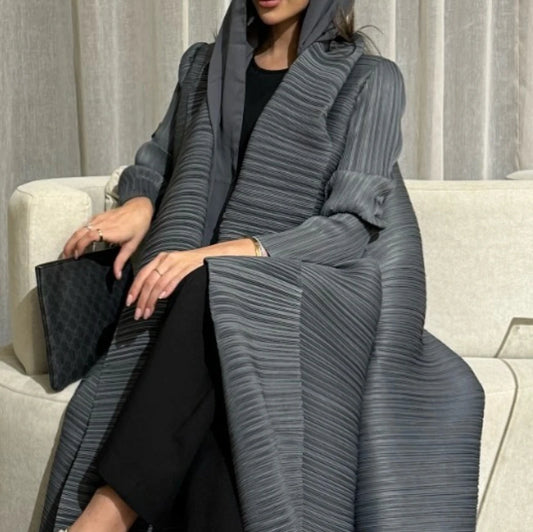 2025 Miyake Pleated abaya with Turn-down Collar, Long Sleeve, Vintage Printed Design, Plus Size