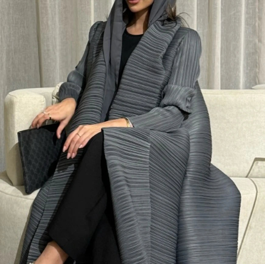 2025 Miyake Pleated abaya with Turn-down Collar, Long Sleeve, Vintage Printed Design, Plus Size