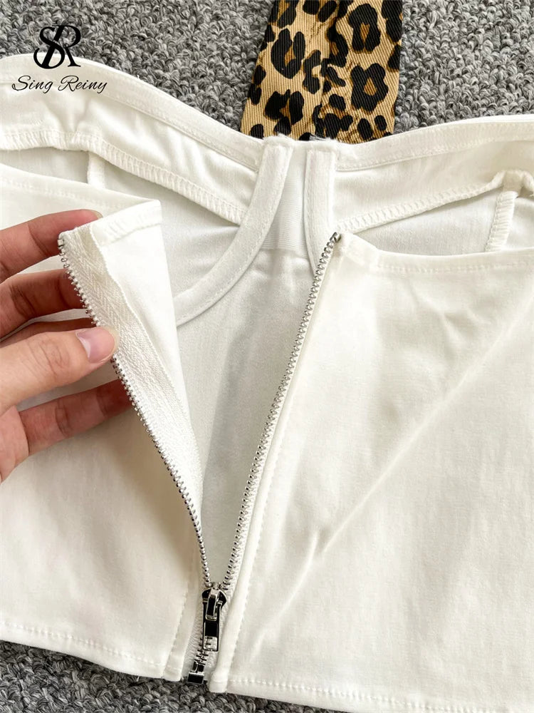 SINGREINY Female Retro Leopard Sensual Tank Tops Fashion Zipper Sheath Tank Top Women Halter Tie Streetwear Vintage Tank Tops