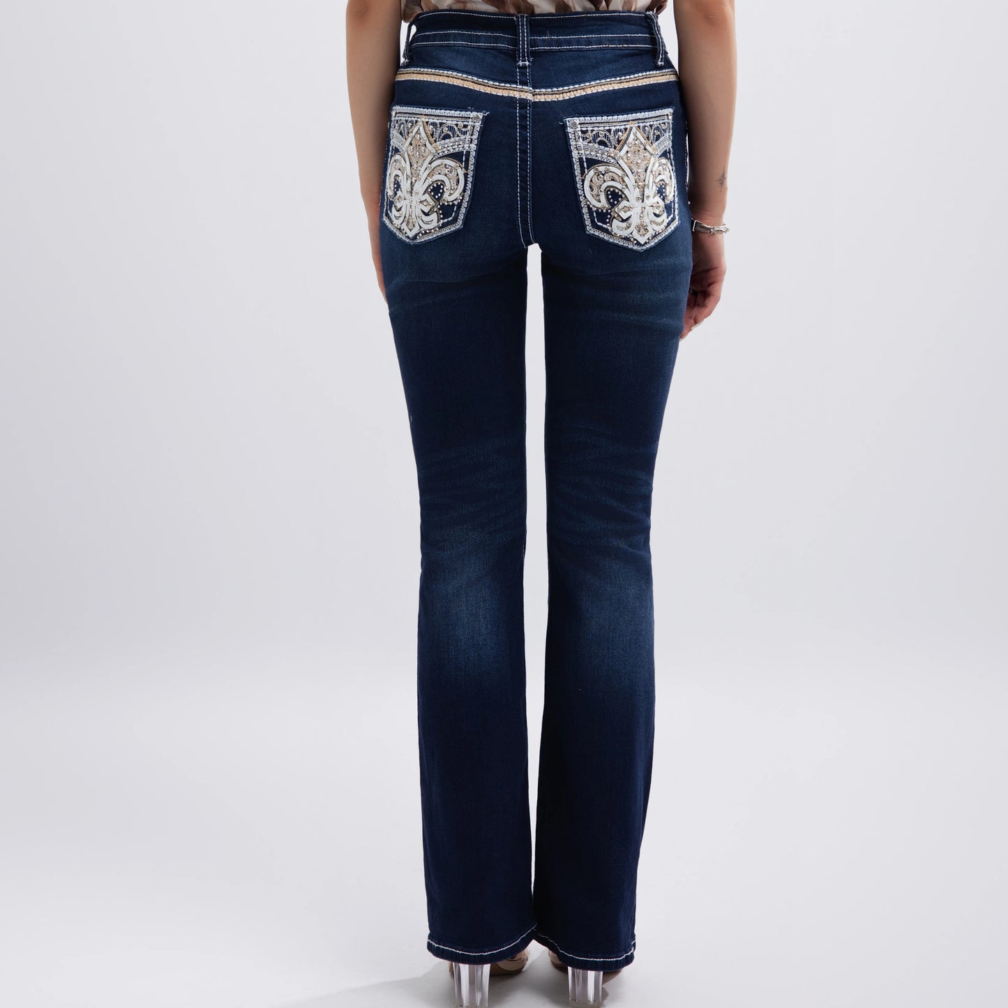 Women Casual Low Rise Jeans European and American Style High Strecth Rhinestone-embellishe Flared Jeans Pants for Tall Women