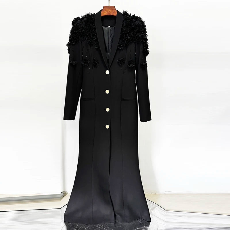 HIGH QUALITY Newest Fashion 2025 Designer Maxi Dresses Women's Long Sleeve Stunning Flowers Appliques Beaded Long Dress