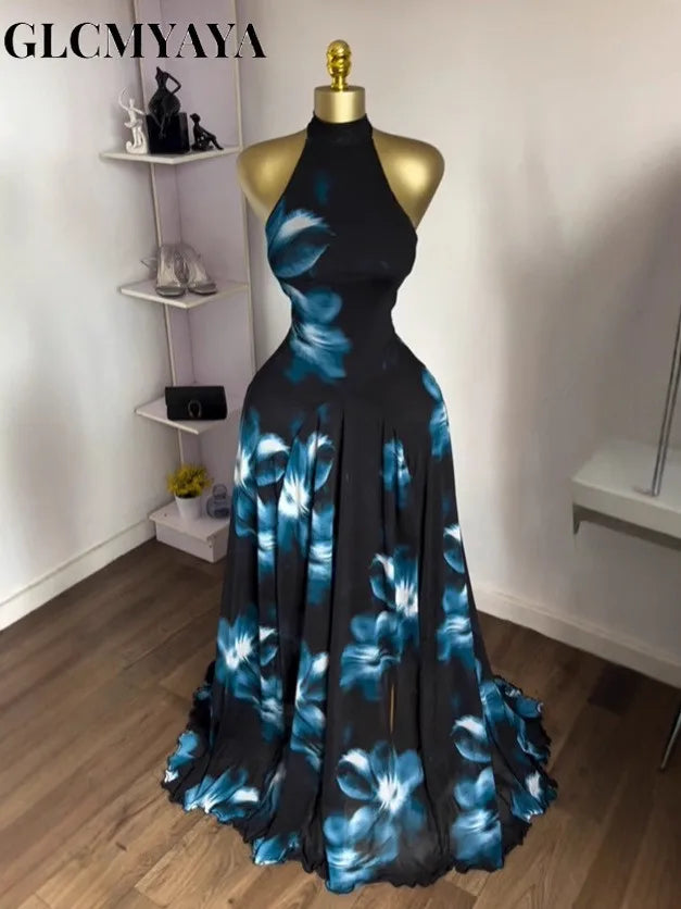GLCMYAYA 2025 Fall Women O-neck Sleeveless Floral Print Mermaid Maxi Dress Evening Birthday Beach Sexy Night Party Long Dresses