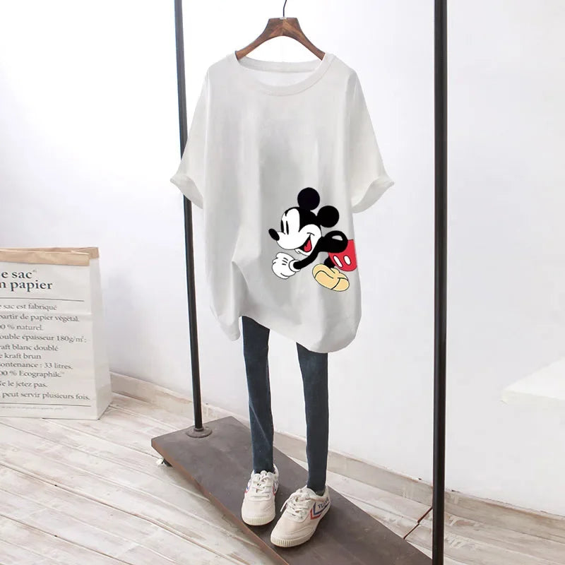 Disney Mickey Mouse T-shirt Summer Cartoon Mid-length Short-sleeved T-shirt Women's New Mickey Loose Large Size Half-sleeve Top