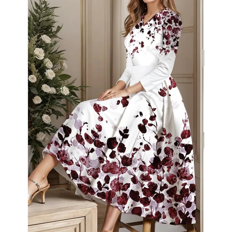 Ladies Autumn Winter Floral Print Vintage Long Dress Women's Long Sleeve V-neck Elegant Dresses Party Casual Evening Dress Women