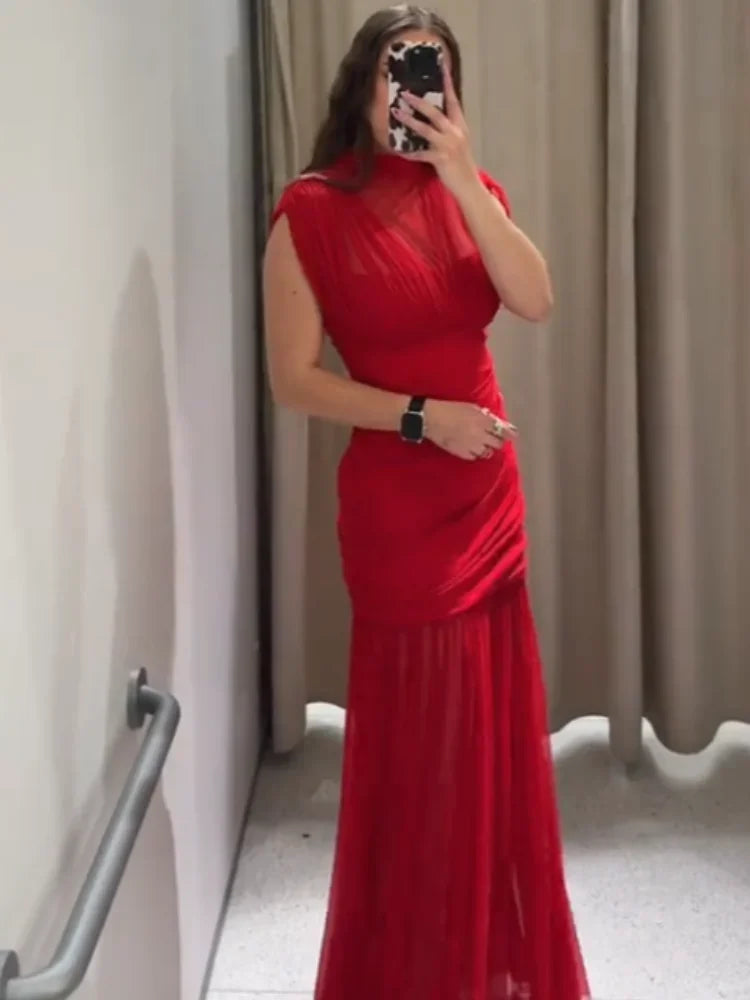 Chic Red Pleated Evening Party Long Dresses Elegant Fly Sleeve Mesh Patchwork Maxi Dress Women Summer Vacation Beach Vestidos