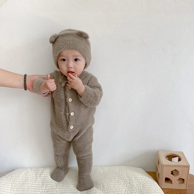 5097 Ins Baby Clothes 2024 Autumn Winter New Baby Boy's Jumpsuit Mink Velvet Cute Bear Baby Girl's One Piece Clothes