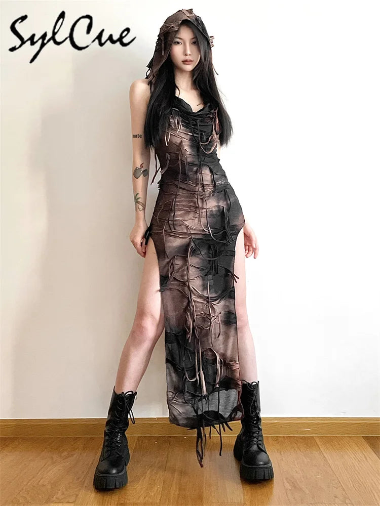 Sylcue Vintage Distressed Summer High Street Cool Trendy Personalized Sexy Mature Beautiful Women Thin Perspective Hooded Dress