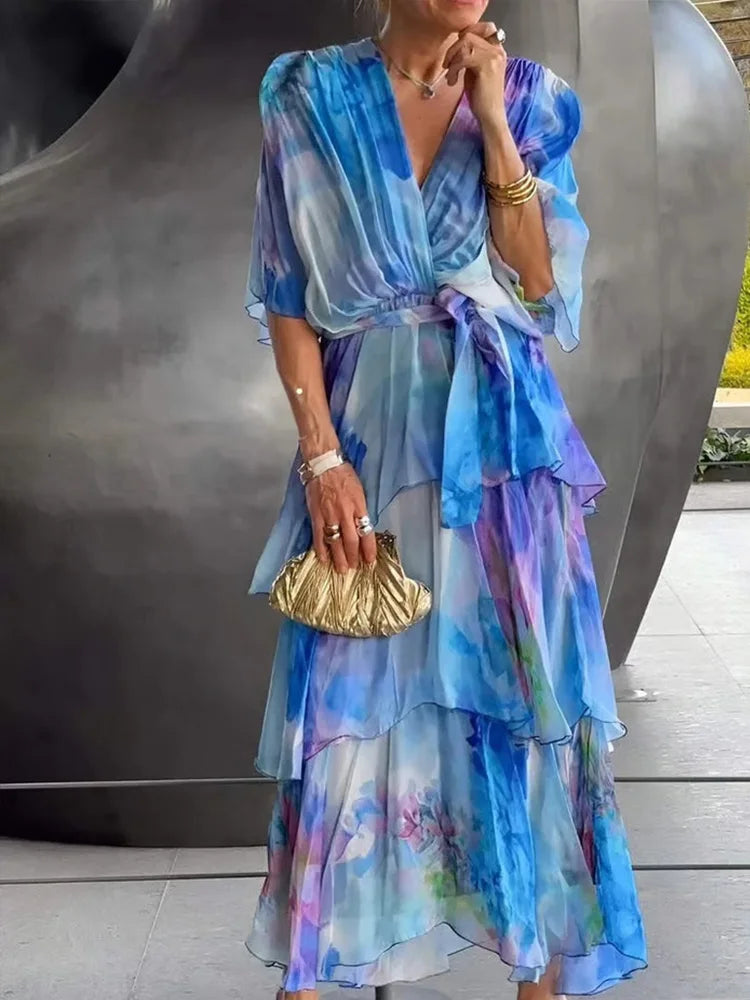 TSDFC 2025 New Summer Fashion Half Sleeved V Neck Lace Up Long Skirt Casual Wear Elegant Chiffon Print Women Long Party Dress