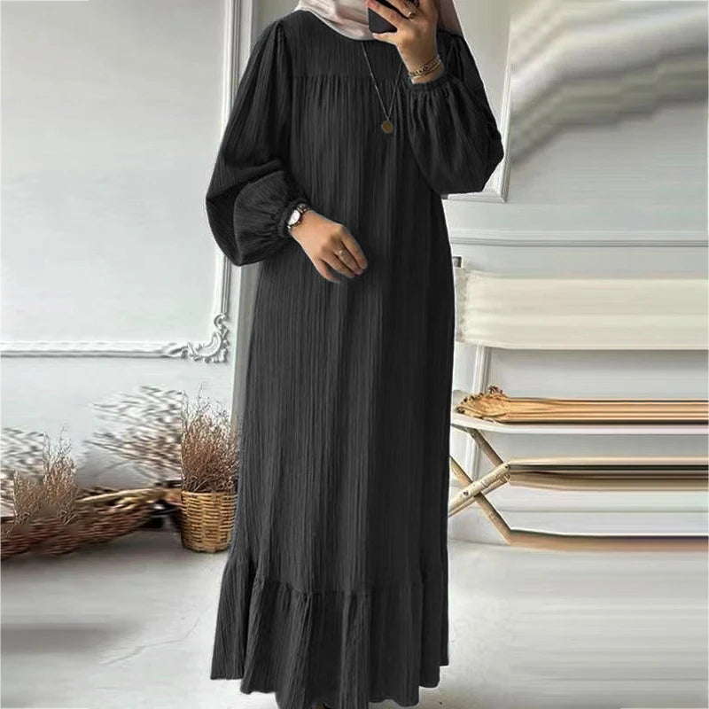 Muslim Women's Robe Spring Autumn Fashion Long Sleeve Retro Dresses Turkey Abaya Ruffle Edge Hem Kaftan Eid Mubarek Robe ﻿