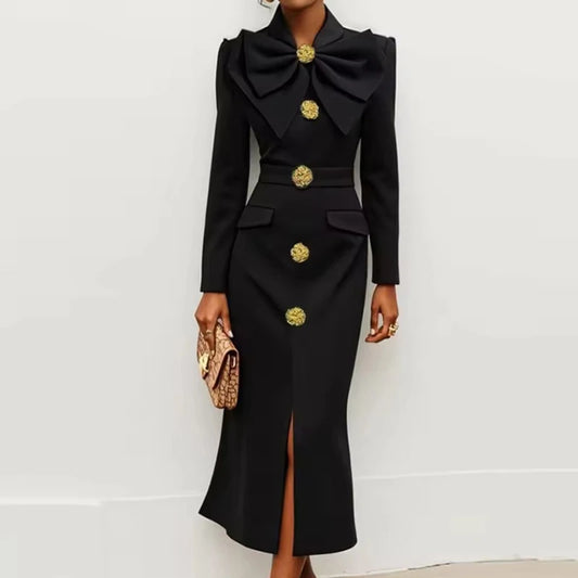 Light Luxury Style Long Sleeve Banquet Dress Elegant Black Single Breasted Commute Wrap Hip Dress Stylish Turtleneck Pleat Dress