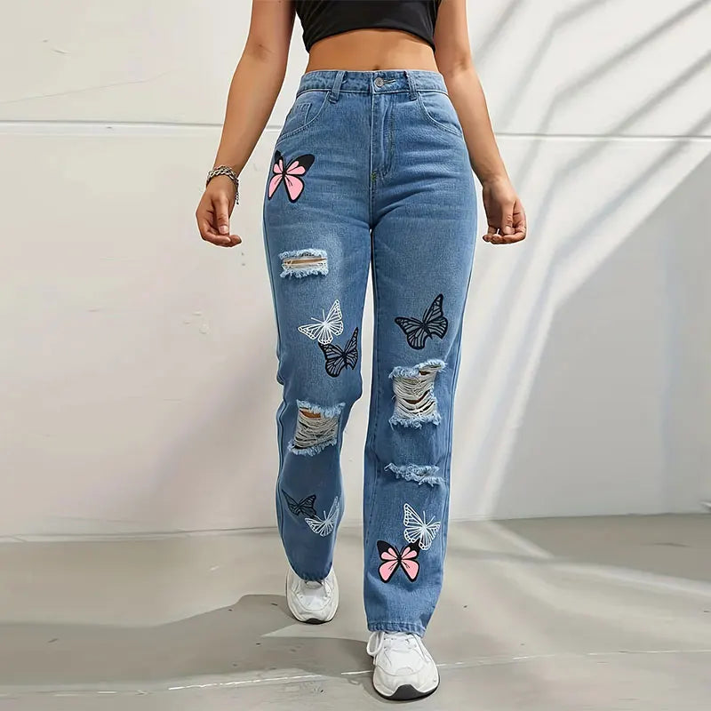 2025 Summer New Butterfly Print Pair Jeans Women Fashionable Straight High-Waisted Long Style Ripped Torn Design Denim Pants