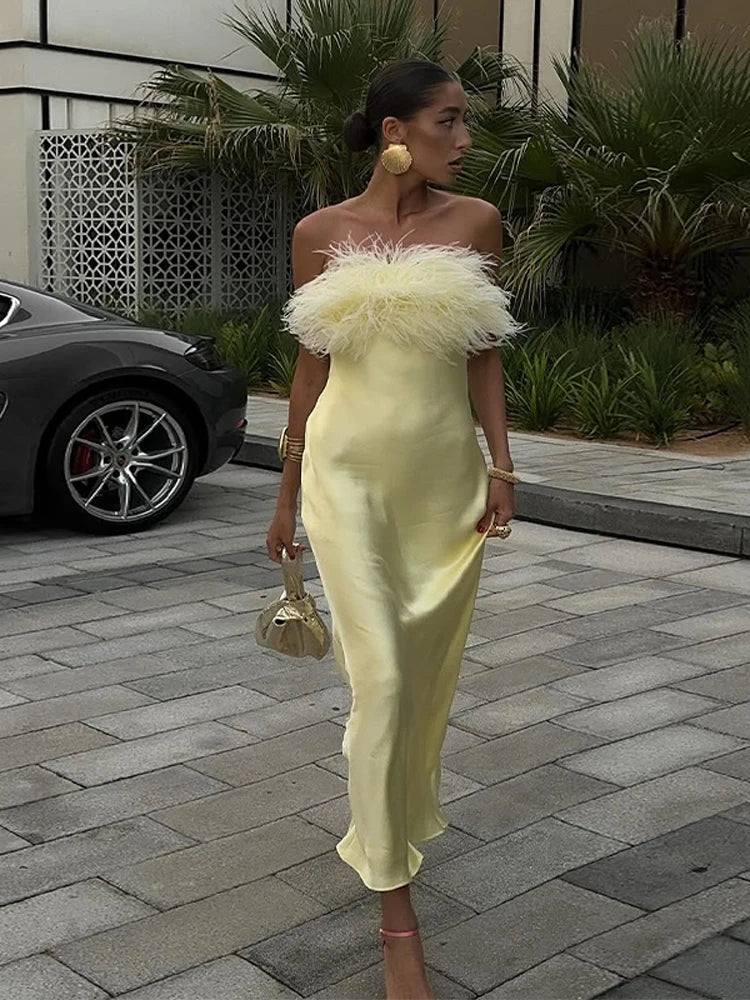 Elegant Yellow Feather Splicing Long Dress Women Chic Satin Strapless High Waist Sleeveless Slim Robe Summer Dinner Party Gowns