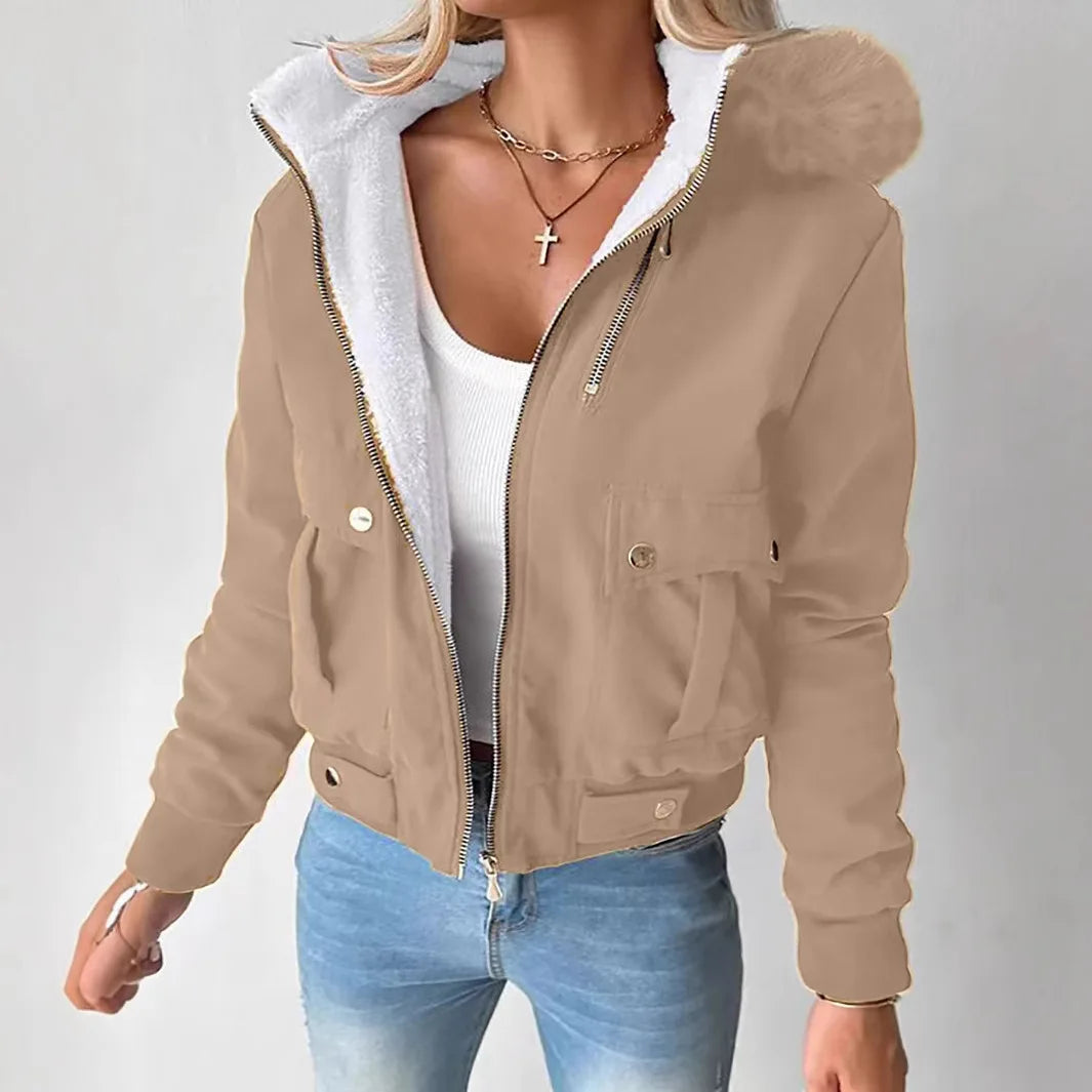 Women Autumn Winter Cotton Jacket Button Solid Color Zippers Pockets Hooede Casual Fashion Warm Comfortable Regular Standard Fit