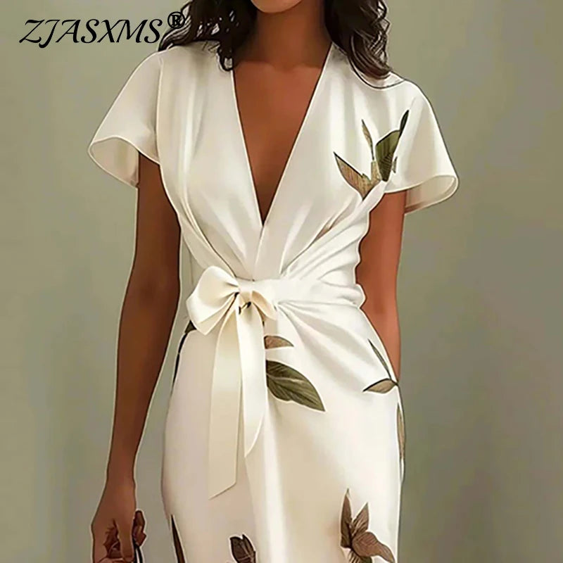 Spring Summer Tie-up Bow Long Dresses Elegant Floral Print Irregular Slim Boho Dress Woman Sexy V-Neck Knot Hollow Party Dresses