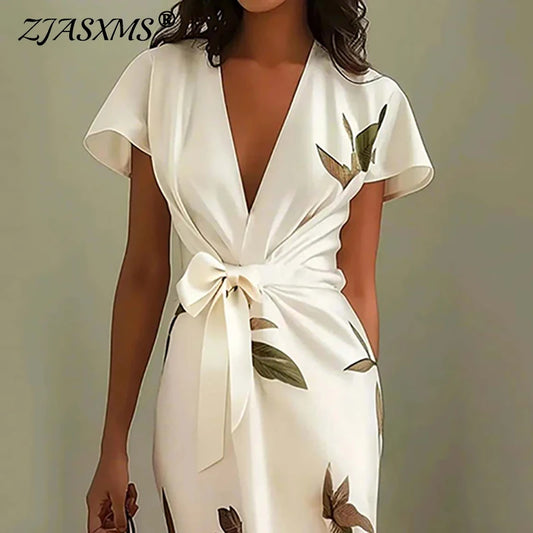 Spring Summer Tie-up Bow Long Dresses Elegant Floral Print Irregular Slim Boho Dress Woman Sexy V-Neck Knot Hollow Party Dresses