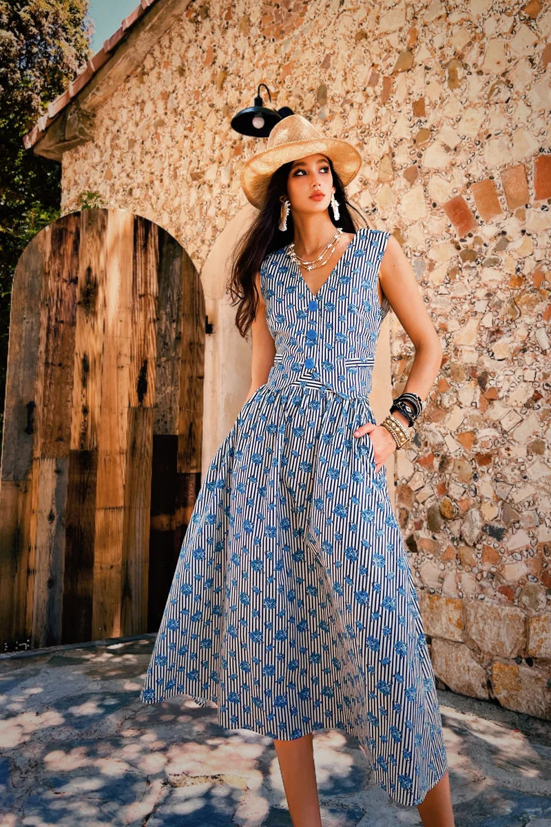 Summer Print Black White Striped Tank Women's Top Blue Rose Vest+Knee-Length A-Line Skirt Separately Y2K DABUWAWA DM2BVT002