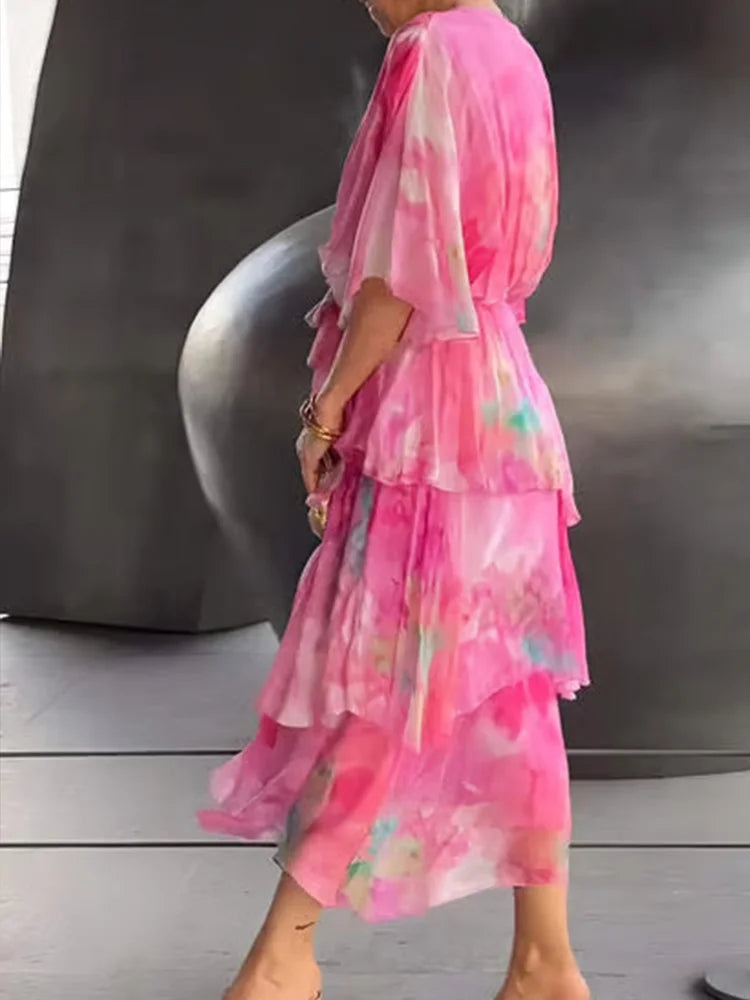 TSDFC 2025 New Summer Fashion Half Sleeved V Neck Lace Up Long Skirt Casual Wear Elegant Chiffon Print Women Long Party Dress