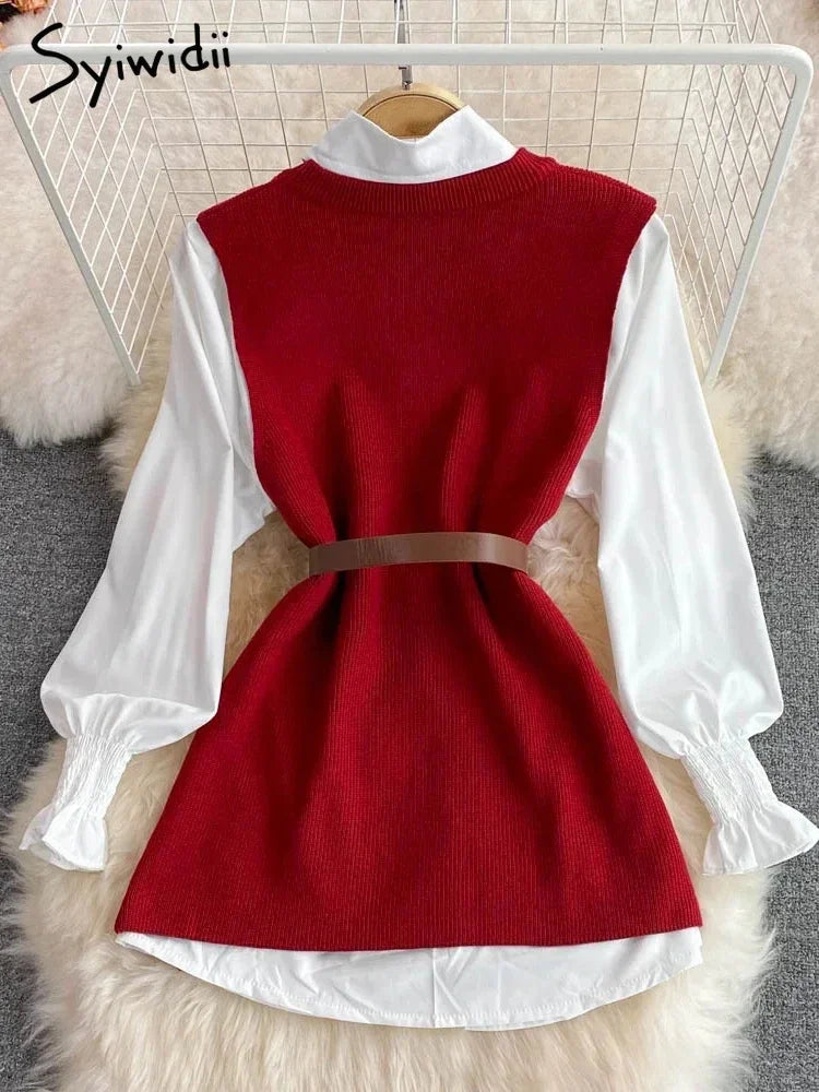 Syiwidii Blouses Sets Women Knitted Sweater Vests Autumn 2024 Fashion Turn-down Collar Single Breasted Female Blouses Two-piece