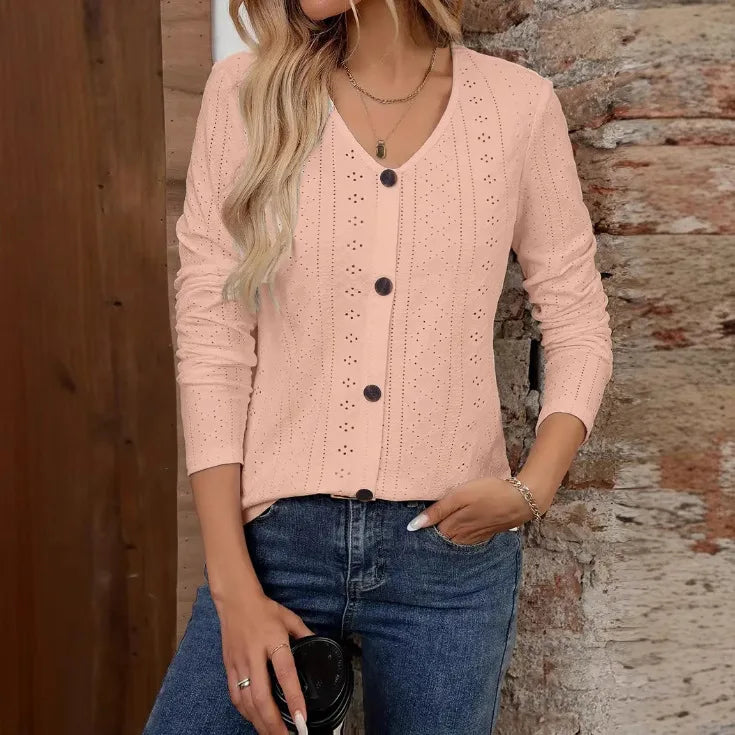 Womens Long Sleeve Tops 2023 Lace Crochet Casual Shirts Button Down V Neck Blouses Dressy Trendy Fashion Fall Clothes