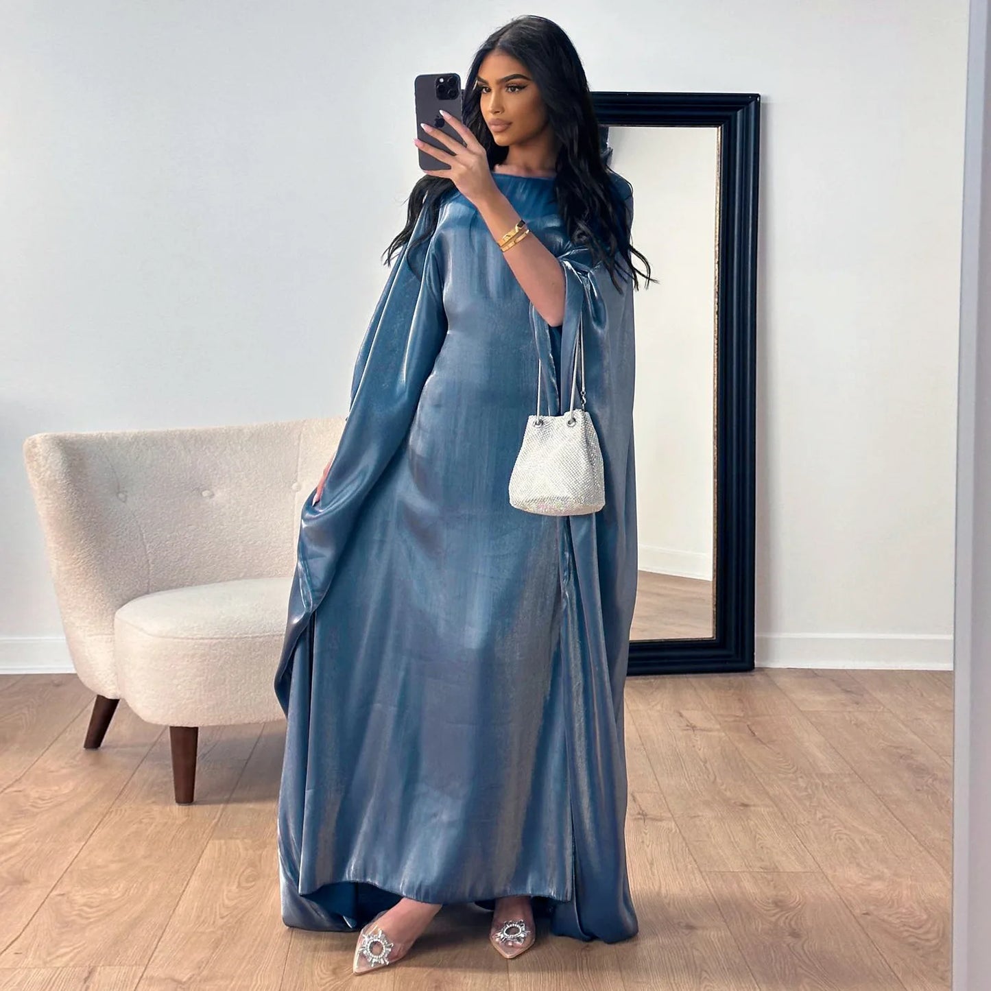 Eid Ramadan Batwing Butterfly Satin Abaya Dubai Luxury Muslim Kaftan Maxi Dress Women Kebaya Robe Caftan Marocain Femme Vestidos