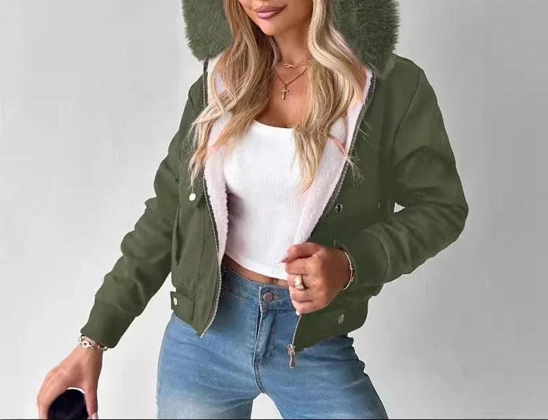 women jacket Short Streetwear Fashion Versatile Casual Zipper Thickened Long Sleeves Hooded coats for Female 2024 Autumn/Winter