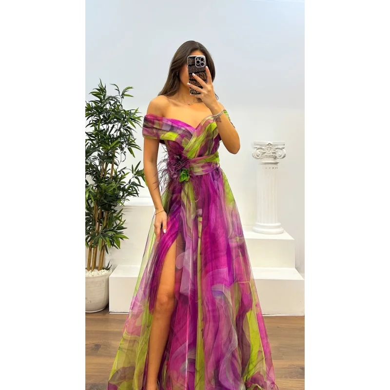 Elegant Formal Party Dress Elegant Tie-dye Ball Gown with Mesh Bubble Sleeves Split Hem Women's Evening Dress