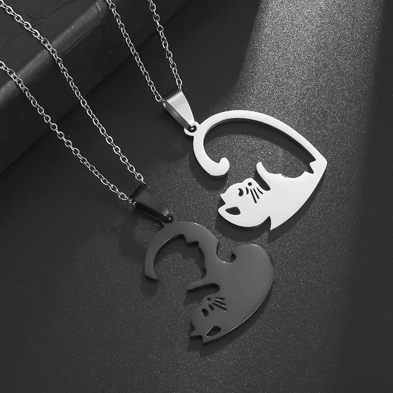 Hot Hug Love Pet Cat Pairing Couple Necklace Fashion Stainless Steel Men Women Best Friend Bff Pendant Jewelry Gift