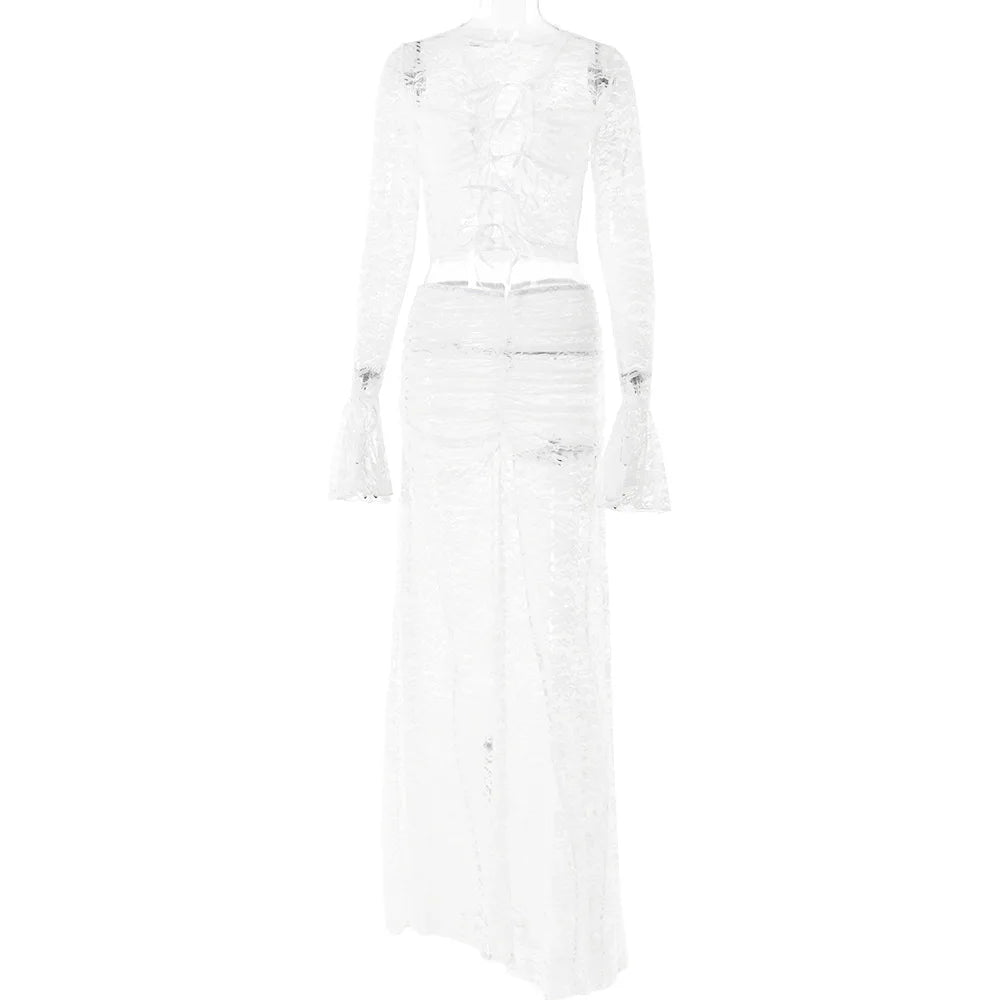 Sexy lace round neck full open collar lace up flared sleeve top+pleat skirt Spring and Autumn womens fashionable and elegant set