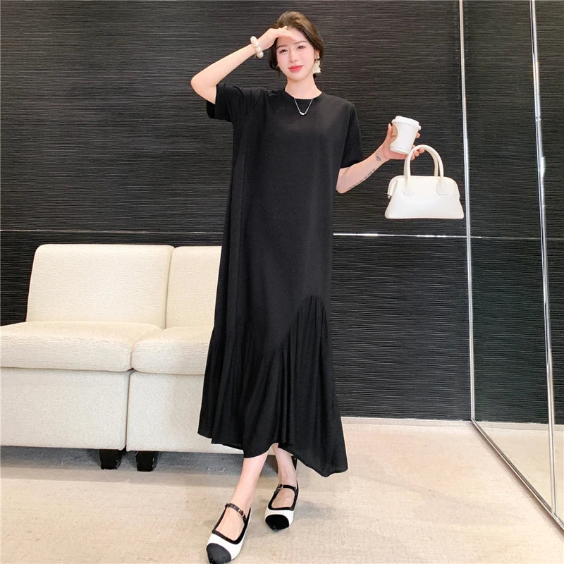 NYFS 2025 Summer New Korea Irregular Woman Dress Vestidos Robe Elbise Loose Plus Size Patchwork Short Sleeve Long Dress