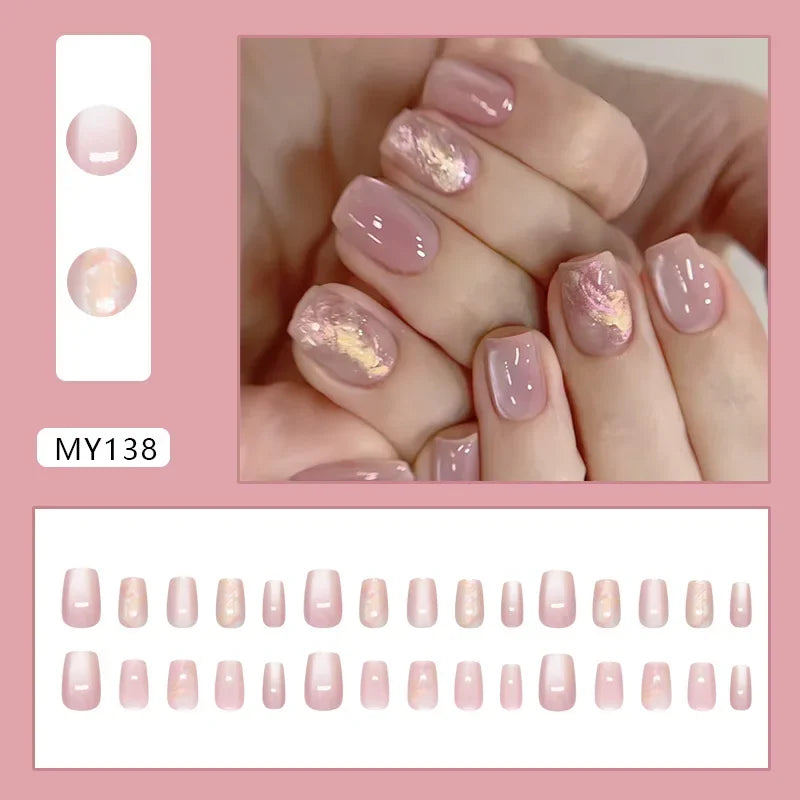 Platinum Maple Leaf Fake Nail with Jelly sticker Press on False Nails Wearable Round Head Oval Full Cover Nail Tips