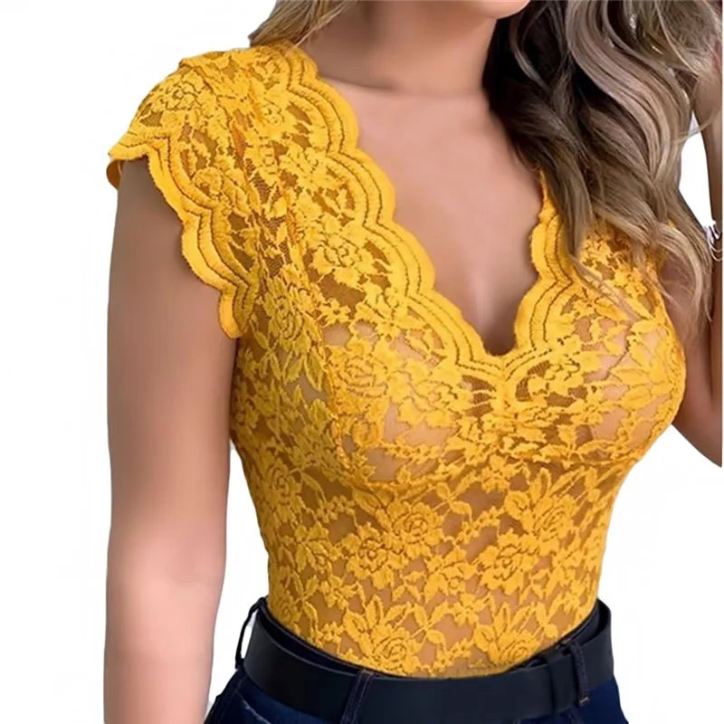 Sexy Deep V Neck Sleeveless Lace Blouse Shirts Summer Fashion Women Lace Patchwork Pullover Tops XCDZ-540738