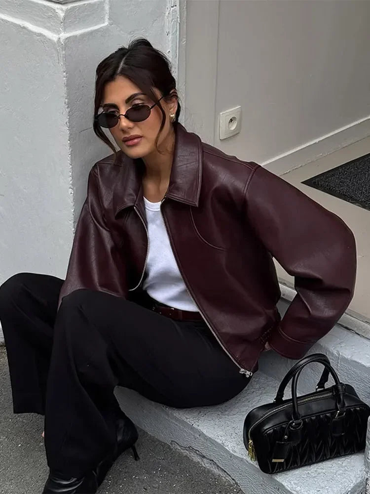 Wine Red Lapel Leather Short Coat Retro Women's Zipper Long Sleeve Jackets Female 2025 New Autumn Fashion High Street Jackets