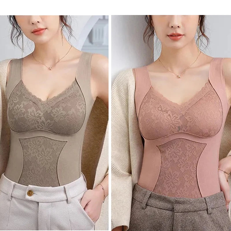 2pcs Woman Thermal Underwear Thermo Lingerie Winter Soft Warm Top Wear Thermo Vest Undershirt Intimate Lace with Bra Padded