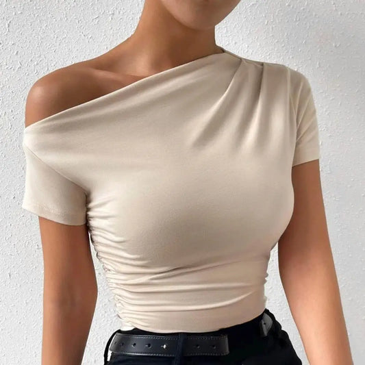 Women T-shirt Lightweight Women Tops Slim Fit Skew Collar Women's Summer T-shirt Stylish Side Shirring Tee with Short Sleeves