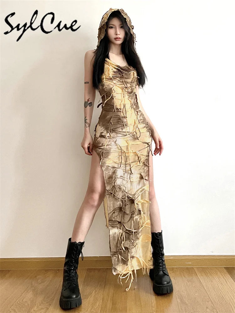 Sylcue Vintage Distressed Summer High Street Cool Trendy Personalized Sexy Mature Beautiful Women Thin Perspective Hooded Dress