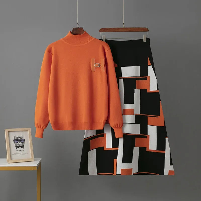 LISM winter two piece set for womam suit elegant sweater new in matching sets letter half body mid length skirt set New dress