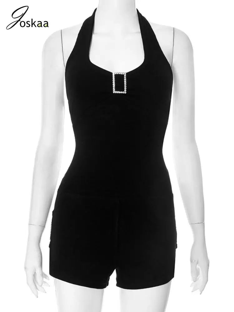 Joskaa Ribbed Solid Sports Rompers Women Hipster Sexy Halter Backless Body-Shaping Playsuits 2025 Summer Vacation Clubwear