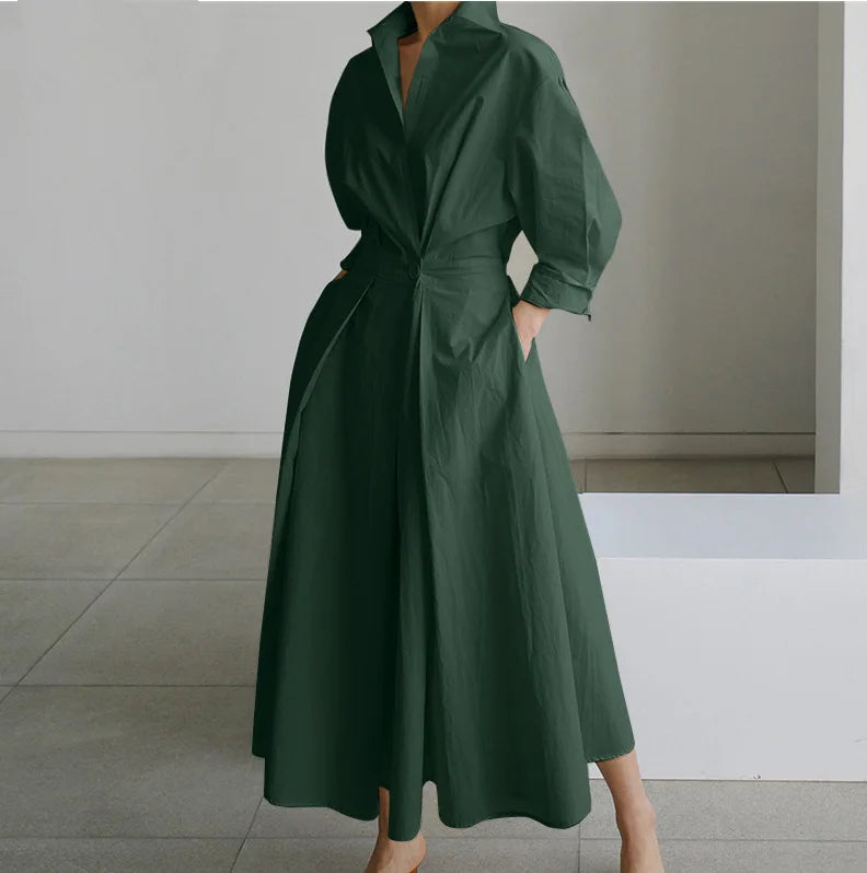 Elegant Women Spring Sundress Lapel Neck Long Sleeve Black Dress 2025 Solid Long Shirt Dress OL Vestidos Robe Femme Streetwear