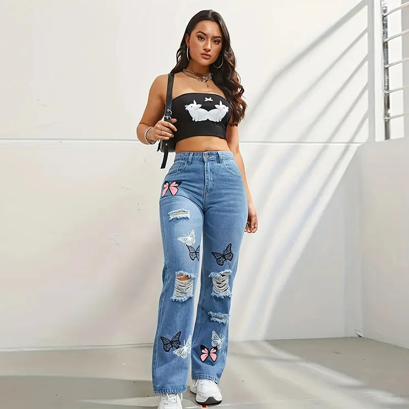 2025 Summer New Butterfly Print Pair Jeans Women Fashionable Straight High-Waisted Long Style Ripped Torn Design Denim Pants